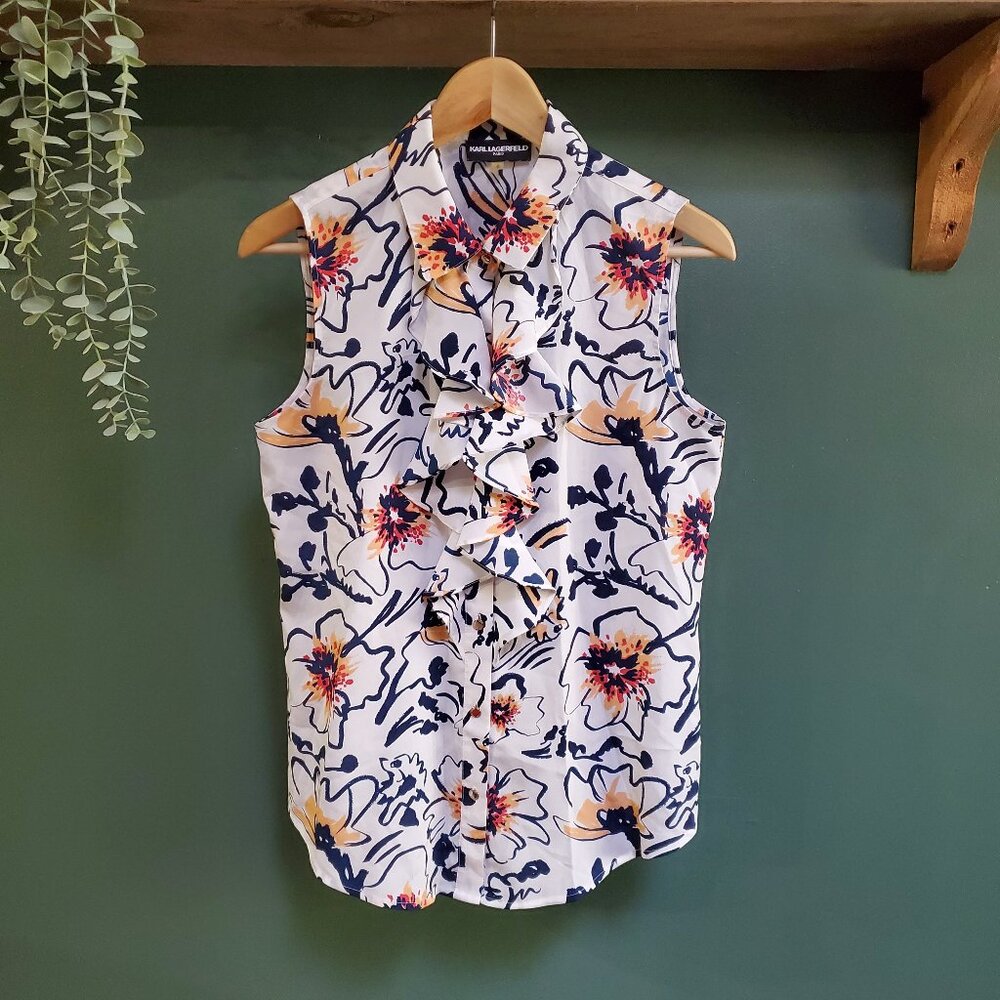 Karl Lagerfeld | Ruffled Sleeveless Print Blouse